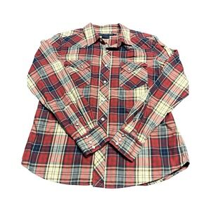 Vtg Ralph Lauren Sport Woman's Western 14 Diamond Pearl Snap Plaid Button Up‎